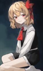 Rule 34 | 1girl, absurdres, ascot, black skirt, black vest, blonde hair, clynxen, collared shirt, commentary, foot out of frame, grin, hair ribbon, highres, long sleeves, looking at viewer, medium hair, red ascot, red eyes, red ribbon, ribbon, rumia, shirt, skirt, smile, socks, solo, touhou, vest, white shirt, white socks