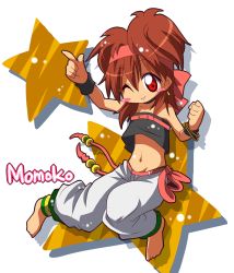 Rule 34 | 1girl, barefoot, brown hair, capoeira, child, feet, female focus, full body, hairband, highres, momoko (kof), red eyes, snk, solo, the king of fighters, toes, white background