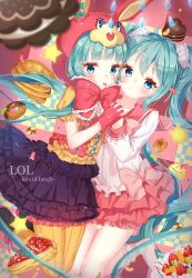 Rule 34 | 2girls, absurdres, animal hood, aqua eyes, aqua hair, blush, collared shirt, commentary request, dress, dual persona, food, frilled dress, frilled skirt, frilled sleeves, frills, gloves, hatsune miku, heart, highres, hood, hoodie, jimmy madomagi, lol -lots of laugh- (vocaloid), long hair, long sleeves, looking at viewer, multiple girls, open mouth, pancake, rabbit hood, red gloves, red ribbon, ribbon, shirt, short sleeves, skirt, twintails, very long hair, vocaloid