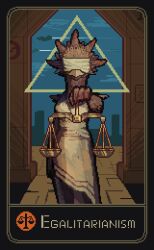 1girl alien beak bird_girl blindfold brown_feathers commentary dress english_commentary english_text feathers furry kepchuk pixel_art solo stellaris_(game) triangle weighing_scale white_dress