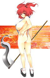 Rule 34 | 1girl, ass, breasts, clog sandals, female focus, hair bobbles, hair ornament, large breasts, legs, mabuchoco m, okobo, onozuka komachi, red eyes, red hair, sandals, scythe, short hair, sideboob, slingshot swimsuit, solo, swimsuit, touhou, twintails, two side up