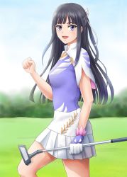 Rule 34 | 1girl, amawashi aoi, birdie wing: golf girls&#039; story, black hair, blurry, blurry background, blush, cloud, golf club, highres, holding, holding golf club, long hair, looking at viewer, open mouth, outdoors, purple eyes, purple hair, skirt, sky, smile, solo, standing, takohiro