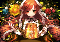 Rule 34 | 1girl, absurdres, black ribbon, brown hair, character name, commentary, copyright name, dress, drill hair, fingernails, floral background, flower, frills, green eyes, headdress, heterochromia, highres, holding, holding watering can, lace, light particles, lolita fashion, long hair, long sleeves, looking at viewer, nagata shuu, nail polish, neck ribbon, parted lips, pink nails, red eyes, ribbon, rose, rozen maiden, smile, solo, suiseiseki, sunflower, swept bangs, upper body, watering can, white headwear