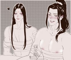 Rule 34 | 2boys, absurdres, androgynous, bandages, bishounen, derivative work, eyeliner, facial mark, forehead mark, grin, highres, jin guangyao, long hair, makeup, modao zushi, monochrome, multiple boys, nie mingjue, pectoral cleavage, pectorals, ponytail, smile, sukaretorozu, toned, toned male