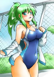 Rule 34 | 1girl, absurdres, alternate hairstyle, aqua eyes, blush, breasts, cleavage, competition swimsuit, covered navel, d-m (dii emu), frog hair ornament, grass, green hair, hair ornament, hair tubes, highres, jacket, kochiya sanae, long hair, long skirt, looking at viewer, medium breasts, one-piece swimsuit, open mouth, ponytail, skirt, snake hair ornament, solo, standing, swimsuit, touhou