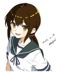 Rule 34 | 1girl, absurdres, bigkwl, blue neckerchief, blue sailor collar, brown hair, dated, fubuki (kancolle), highres, kantai collection, long hair, looking at viewer, low ponytail, neckerchief, one-hour drawing challenge, sailor collar, shirt, short sleeves, sidelocks, simple background, smile, solo, twitter username, upper body, white background, white shirt, yellow eyes