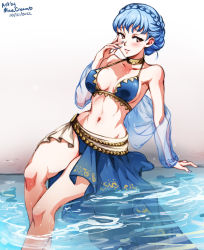Rule 34 | 1girl, alternate costume, bare shoulders, bikini, blue bikini, blue hair, blush, braid, breasts, brown eyes, crown braid, fire emblem, fire emblem: three houses, fire emblem heroes, hand on own cheek, hand on own face, large breasts, long hair, looking at viewer, marianne von edmund, mina cream, nintendo, official alternate costume, open mouth, sarong, see-through, see-through sleeves, smile, solo, swimsuit