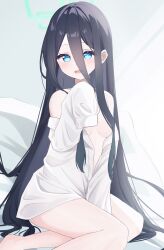 Rule 34 | 1girl, absurdres, aris (blue archive), black hair, blue archive, blue eyes, highres, long hair, looking at viewer, nishimiya aki, no bra, open mouth, smile, solo
