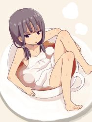 Rule 34 | 1girl, barefoot, black eyes, black hair, cup, dress, hair ribbon, in container, in cup, looking at viewer, mattaku mousuke, mini person, minigirl, open mouth, original, ribbon, saucer, short hair, sitting, solo, tea, teacup, twintails, wet, wet clothes
