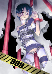 Rule 34 | 1girl, blue hair, bodypaint, censored, chain, convenient censoring, copyright request, cuffs, false clothes, naked paint, nude, painted clothes, prison clothes, prisoner, red eyes, shackles, short hair, solo, taichi (kinkakuginkaku63)