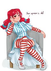 Rule 34 | 1girl, absurdres, blue bow, blush, bow, breasts, brown eyes, crossed legs, dress, english text, freckles, full body, hair bow, highres, long hair, medium breasts, pinstripe pattern, red hair, sitting, smug, solo, striped clothes, striped thighhighs, text focus, thighhighs, twintails, wendy&#039;s, wendy (wendy&#039;s)