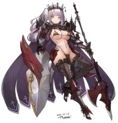 Rule 34 | 1girl, armor, armored boots, bikini, bikini armor, bikini top only, boots, breasts, brown eyes, cape, cleavage, couter, crown, dated, frills, gauntlets, gorget, groin, high heel boots, high heels, large breasts, light purple hair, light smile, long hair, looking at viewer, micro bikini, navel, original, pointy ears, polearm, pupps, purple hair, signature, silver hair, simple background, solo, swimsuit, veins, veiny breasts, weapon, white background, yellow eyes