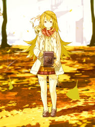 Rule 34 | 1girl, animal, animal on shoulder, autumn leaves, blonde hair, blurry, camera, cat, cat on shoulder, coat, depth of field, expressionless, falling, hair ribbon, highres, leaf, long hair, looking at viewer, loundraw, on shoulder, open clothes, open coat, original, pleated skirt, ribbon, scarf, sepia, signature, skirt, solo, thighhighs, tree, white thighhighs, yellow eyes