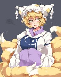 Rule 34 | 1girl, blonde hair, blush, breasts, eyebrows, female focus, fox tail, hands in opposite sleeves, hat, iroyopon, large breasts, multiple tails, open mouth, short hair, simple background, solo, tail, thick eyebrows, touhou, yakumo ran, yellow eyes