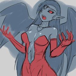 Rule 34 | 1girl, bad id, bad pixiv id, bare shoulders, bat wings, breasts, center opening, circlet, demon girl, dragon quest, dragon quest ix, dress, earrings, elbow gloves, eyebrow piercing, fangs, gem, gesture request, gloves, hair over one eye, jewelry, long hair, lowres, mahito, monochrome, necklace, no bra, open mouth, piercing, pointy ears, red eyes, red gloves, sketch, solo, spot color, strapless, strapless dress, very long hair, wings, youjo ishudar