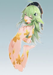 Rule 34 | 1girl, absurdres, ahoge, animal ears, arms behind back, breasts, cleft of venus, covered mouth, fox ears, full body, gradient background, green eyes, green hair, hat, highres, honkai: star rail, honkai (series), huohuo (honkai: star rail), linea alba, long hair, motion lines, nipples, pussy, small breasts, solo, talisman, twitching, wince, yongchutafei