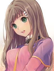 Rule 34 | 1girl, bad id, bad pixiv id, breasts, brown hair, fujishino shikino, green eyes, hair ornament, hairclip, long hair, medium breasts, open mouth, simple background, solo, sophia esteed, star ocean, star ocean till the end of time, straight hair, teeth, upper body, white background