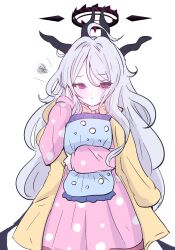 Rule 34 | 1girl, black horns, black wings, blue archive, blush, closed mouth, demon horns, demon wings, giorgio (yo sumire sola1), grey hair, halo, highres, hina (blue archive), hina (pajamas) (blue archive), horns, long hair, long sleeves, looking at viewer, multiple horns, official alternate costume, pajamas, pillow, pink eyes, pink pajamas, polka dot, polka dot pajamas, simple background, solo, squiggle, very long hair, white background, wings