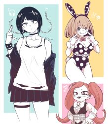 Rule 34 | 3girls, :d, animal ears, bare shoulders, belt, black hair, blush, boku no hero academia, bracelet, breasts, brown hair, choker, cleavage, closed mouth, detached collar, fake animal ears, fake tail, hands on own hips, head tilt, heart, highres, index finger raised, jewelry, jirou kyouka, komori kinoko, la brava, large breasts, leotard, long hair, looking at viewer, medium breasts, medium hair, multiple girls, nashimo (drz n), open mouth, playboy bunny, pleated skirt, pointing, pointing at self, polka dot leotard, rabbit ears, rabbit tail, red hair, short hair, skirt, smile, spiked bracelet, spikes, standing, tail, thighlet, tongue, tongue out, twintails, twitter username, wrist cuffs