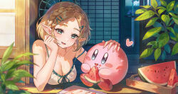 alternate_breast_size blonde_hair blush_stickers braid breasts camisole cleavage collarbone commentary crown_braid food fruit green_eyes hair_ornament hairclip hand_on_another&#039;s_head happy head_rest headpat heart kirby kirby_(series) large_breasts light_blush master_sword mrr_05 nintendo plant pointy_ears princess_zelda shadow short_hair sliding_doors strap_slip symbol-only_commentary tareme the_legend_of_zelda tray watermelon white_camisole wooden_floor