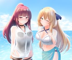 Rule 34 | 2girls, absurdres, bare shoulders, bikini, black one-piece swimsuit, blonde hair, blue bow, blush, bow, bow swimsuit, breasts, cleavage, closed mouth, cloud, collarbone, collared shirt, girls&#039; frontline, green eyes, hair bow, hand on own chest, highres, koto (ktnhn000), large breasts, long hair, looking at viewer, medium breasts, multiple girls, ocean, official alternate costume, one-piece swimsuit, one eye closed, outdoors, ponytail, purple hair, red eyes, see-through, shirt, sky, smile, springfield (girls&#039; frontline), springfield (stirring mermaid) (girls&#039; frontline), swimsuit, swimsuit under clothes, wa2000 (girls&#039; frontline), wa2000 (op. manta ray) (girls&#039; frontline), water, white bikini, white shirt