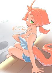 Rule 34 | 1girl, ahoge, bare arms, bare shoulders, barefoot, blue shorts, breasts, camisole, fang, from side, green eyes, highres, linea-chan (owasaki), looking at viewer, looking to the side, low ponytail, medium breasts, nipples, open mouth, orange hair, original, owasaki, pointy ears, ponytail, pulled by self, short eyebrows, short shorts, shorts, sitting, solo, tail, thick eyebrows, translation request, white camisole