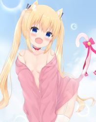 Rule 34 | 1girl, animal ears, bare shoulders, bell, bent over, blonde hair, blue eyes, blue sky, breasts, collar, day, garter straps, highres, hood, hoodie, long hair, looking at viewer, neck bell, no pants, open mouth, original, partially undressed, pink tail, ribbon, shiromono, sky, small breasts, standing, tail, tail ornament, tail raised, tail ribbon, thighhighs, twintails, very long hair, white thighhighs