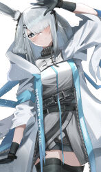 Rule 34 | 1girl, absurdres, arknights, black gloves, black thighhighs, blush, closed mouth, coat, depayama (depaty), frostnova (arknights), gloves, grey eyes, grey hair, hair over one eye, highres, hood, hooded coat, long hair, long sleeves, looking at viewer, simple background, skirt, snowing, solo, thighhighs, white background