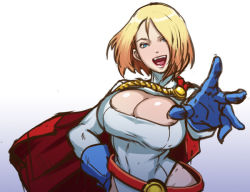 Rule 34 | 1girl, alien, animification, belt, belt skirt, blonde hair, blue eyes, blue gloves, breasts, butcha-u, cape, cleavage, cleavage cutout, clothing cutout, dc comics, fang, female focus, gloves, kryptonian, large breasts, leotard, power girl, red cape, solo, superman (series)