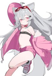 Rule 34 | 1girl, absurdres, ahoge, bandaid, bandeau, blush, collar, eyewear on head, fenrir (fenriluuu), flat chest, grey hair, hair ornament, hairclip, highres, jacket, long hair, looking at viewer, navel, off shoulder, open clothes, open jacket, original, pink eyes, pink shorts, red collar, rir-chan, short shorts, shorts, sketch, smile, solo, sunglasses, tail, wolf girl, wolf tail