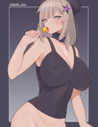 Rule 34 | 1girl, aa-12 (girls&#039; frontline), bare shoulders, beret, blue eyes, blush, boca, breasts, candy, cleavage, covered erect nipples, covered navel, eyeliner, food, girls&#039; frontline, grey hair, hair ornament, hat, highres, large breasts, lollipop, long hair, looking at viewer, makeup, saliva, solo, tongue, tongue out