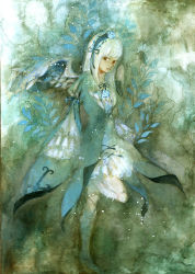 Rule 34 | 00s, 1girl, abstract, angel wings, bare legs, barefoot, blue flower, blue rose, doll, doll joints, dress, flower, frilled dress, frills, hair flower, hair ornament, hairband, highres, joints, lolita fashion, long hair, looking at viewer, painting (medium), pale color, parted lips, plant, red eyes, ribbon, rose, rozen maiden, ruffle, solo, standing, standing on one leg, suigintou, tetra (mead), traditional media, watercolor (medium), white hair, wings