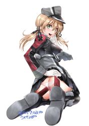 Rule 34 | 1girl, artist name, ass, blonde hair, blush, boots, breasts, butt crack, cross, dated, from behind, full body, gloves, green eyes, grey footwear, grey jacket, hand on own ass, hat, iron cross, jacket, kantai collection, long hair, long sleeves, looking back, medium breasts, open mouth, panties, peaked cap, prinz eugen (kancolle), rudder footwear, shoe soles, shoes, simple background, solo, twintails, ugeppa, underwear, white background, white gloves, white panties