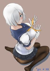 Rule 34 | 1girl, absurdres, ass, black pantyhose, blue eyes, blush, breasts, gloves, hair ornament, hair over one eye, hairclip, hamakaze (kancolle), highres, kantai collection, large breasts, looking at viewer, neckerchief, open mouth, ototoi koi, panties, panties over pantyhose, panties under pantyhose, pantyhose, pleated skirt, school uniform, serafuku, short hair, short sleeves, silver hair, simple background, sitting, skirt, solo, underwear, white gloves, yellow neckerchief