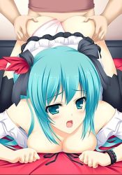 Rule 34 | 1boy, 1girl, aqua eyes, aqua hair, ass, ass grab, black thighhighs, blush, breast press, breasts, clothed sex, clothing aside, doggystyle, hatsune miku, hetero, kneeling, open mouth, panties, panties aside, pink panties, rip @ lip, sex, sex from behind, thighhighs, top-down bottom-up, twintails, underwear, vaginal, vocaloid