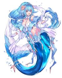 Rule 34 | 1girl, :d, blue eyes, blue hair, breasts, commentary request, copyright request, creatures (company), flower, full body, game freak, gem, gen 7 pokemon, gloves, hair flower, hair ornament, katagiri hachigou, kneeless mermaid, large breasts, long hair, looking at viewer, mermaid, monster girl, navel, nintendo, open mouth, personification, pokemon, primarina, shawl, smile, solo, tiara, very long hair, water, white background, white gloves