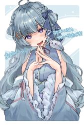 Rule 34 | 1girl, absurdres, ahoge, amaui, animal, animal on shoulder, arizou haishin, blue bow, blue hair, blue kimono, blunt bangs, blush, bow, braid, breasts, commentary request, crescent, crescent hair ornament, crown braid, frilled kimono, frilled sleeves, frills, hair bow, hair ornament, highres, japanese clothes, kimono, long hair, long sleeves, looking at viewer, medium bangs, nanashi inc., neck ribbon, off shoulder, open mouth, pink ribbon, purple eyes, rabbit, ribbon, small breasts, smile, solo, steepled fingers, translation request, upper body, virtual youtuber, wide sleeves