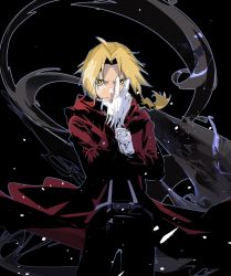 Rule 34 | 1boy, adjusting clothes, adjusting gloves, ahoge, belt, black background, black pants, blonde hair, braid, cofffee, covering own mouth, cowboy shot, edward elric, fighting stance, fullmetal alchemist, gloves, hand over own mouth, hood, hood down, hooded jacket, jacket, long hair, long jacket, looking at viewer, male focus, military, military uniform, pants, parted bangs, red jacket, solo, standing, uniform, white gloves, yellow eyes