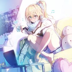 Rule 34 | 1girl, blonde hair, blue butterfly, blue eyes, blue shorts, blush, breasts, bug, butterfly, butterfly hair ornament, closed mouth, computer, couch, crossed ankles, cup, dutch angle, hair ornament, hair scrunchie, headphones, headphones around neck, heart, heart-shaped pillow, highres, holding, holding cup, hood, hood down, indoors, insect, jacket, laptop, long hair, long sleeves, medium breasts, mirai akari, mirai akari project, musical note, off-shoulder jacket, off shoulder, pillow, ponytail, scrunchie, shorts, sitting, smile, socks, solo, spoon, stuffed animal, stuffed toy, teddy bear, virtual youtuber, wata (attaka towel), white jacket, yellow footwear