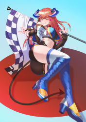 Rule 34 | 1girl, ;q, absurdres, arknights, bagpipe (arknights), bagpipe (queen i) (arknights), bagpipe (queen no. 1) (arknights), belt pouch, black shorts, blue eyes, blue footwear, blunt bangs, boots, breasts, checkered flag, clothing cutout, dragon horns, elbow gloves, fanfanfanlove, fingerless gloves, flag, gloves, heart, high heels, highres, holding, holding flag, horns, knee boots, large breasts, long hair, long sleeves, looking at viewer, lying, micro shorts, midriff, official alternate costume, on side, one eye closed, orange hair, pouch, race queen, shorts, shoulder cutout, smile, solo, tail, tongue, tongue out