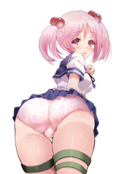 Rule 34 | 10s, 1girl, ass, blush, food print, from behind, hair bobbles, hair ornament, hand on own chest, kantai collection, leaning forward, looking back, panties, pantyshot, pink hair, pink panties, pleated skirt, print panties, purple eyes, sazanami (kancolle), school uniform, serafuku, shiny skin, short twintails, simple background, skirt, solo, strawberry panties, strawberry print, sumisu (mondo), sweat, tears, thigh strap, trefoil, twintails, underwear, upskirt, white background