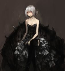 Rule 34 | 1girl, absurdres, bare shoulders, black background, black dress, breasts, cleavage, collarbone, dress, grey eyes, head tilt, highres, layered dress, looking at viewer, nyanpe, original, short hair, simple background, sitting, small breasts, solo, strapless, strapless dress, white hair