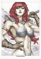Rule 34 | 1girl, armor, bikini armor, female focus, gloves, looking at viewer, muscular, muscular female, navel, red hair, red sonja, red sonja (comics), solo, stanley lau, sword, toned, traditional media, weapon