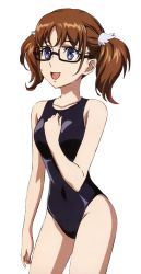 Rule 34 | 10s, 1girl, :d, bare shoulders, black-framed eyewear, black one-piece swimsuit, blue eyes, brown hair, collarbone, covered navel, cowboy shot, glasses, groin, hair ornament, kakumeiki valvrave, long hair, one-piece swimsuit, open mouth, sakurai aina, school swimsuit, smile, solo, standing, swimsuit, transparent background, twintails