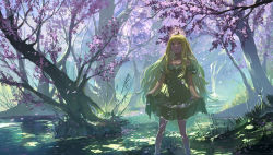 Rule 34 | 1girl, bare shoulders, blonde hair, bug, butterfly, butterfly on head, clothes lift, dress, dress lift, forest, glowing, green eyes, hikaru (atelier no note), insect, legs apart, long hair, nature, original, outdoors, petals, river, solo, standing, tree, very long hair, water