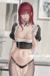 Rule 34 | 1girl, black pantyhose, breasts, cleavage, clothing cutout, crop top, detached collar, ear piercing, fate/grand order, fate (series), gloves, hair between eyes, half gloves, holding, indoors, large breasts, long hair, looking at viewer, maid, navel piercing, pantyhose, parted lips, piercing, purple hair, red eyes, revealing clothes, rifu (643763873), saint quartz (fate), scathach (fate), solo, white gloves, wrist cuffs