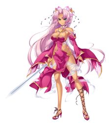 Rule 34 | 1girl, absurdres, bare shoulders, blue eyes, breasts, cleavage, cleavage cutout, clothing cutout, dark skin, dark-skinned female, detached sleeves, dress, female focus, full body, game cg, hair ornament, hand on own hip, highres, hikage eiji, jewelry, koihime musou, long hair, looking at viewer, nail polish, necklace, official art, pelvic curtain, pink hair, ponytail, revealing clothes, shin koihime musou, shoes, side slit, smile, solo, sonsaku, sword, transparent background, very long hair, weapon, white background