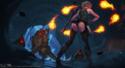 Rule 34 | 1girl, ass, blonde hair, book, boots, breasts, cave, chaps, deviantart username, fireball, from behind, glowing, glowing eyes, glowing mouth, knee boots, mage staff, medium breasts, mleth, monster, original, pointy ears, short hair, solo, watermark, web address