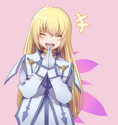 Rule 34 | +++, 1girl, blonde hair, blush, choker, closed eyes, colette brunel, dress, gloves, hair between eyes, jewelry, long hair, long sleeves, mi be35 (mirin), open mouth, own hands together, pink background, simple background, smile, solo, tales of (series), tales of symphonia, white dress, white gloves, wings