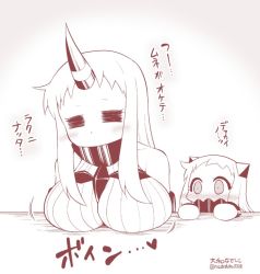 Rule 34 | 10s, 2girls, = =, abyssal ship, bare shoulders, blush, breast rest, breasts, commentary request, contemporary, covered mouth, closed eyes, horns, kantai collection, large breasts, long hair, mittens, monochrome, multiple girls, northern ocean princess, nose blush, seaport princess, single horn, translation request, twitter username, yamato nadeshiko